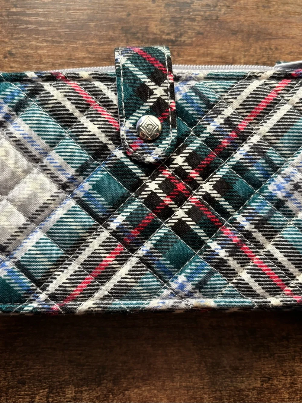 Vera Bradley Teal Green Plaid Quilted Wallet with Red Accents